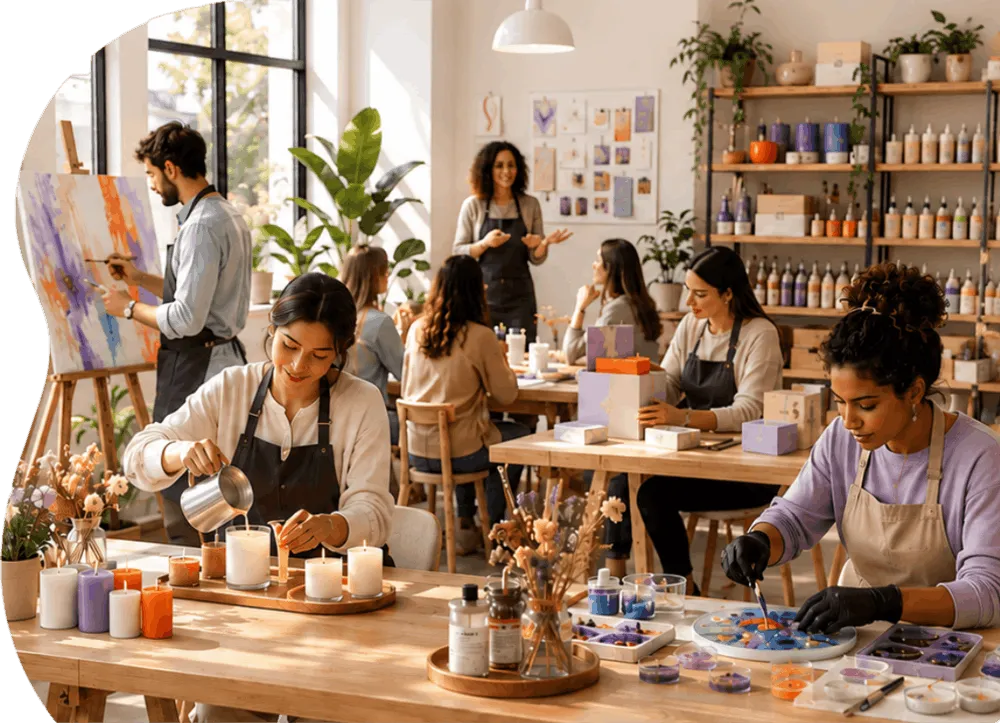 Creators working together in a bright DIY workshop