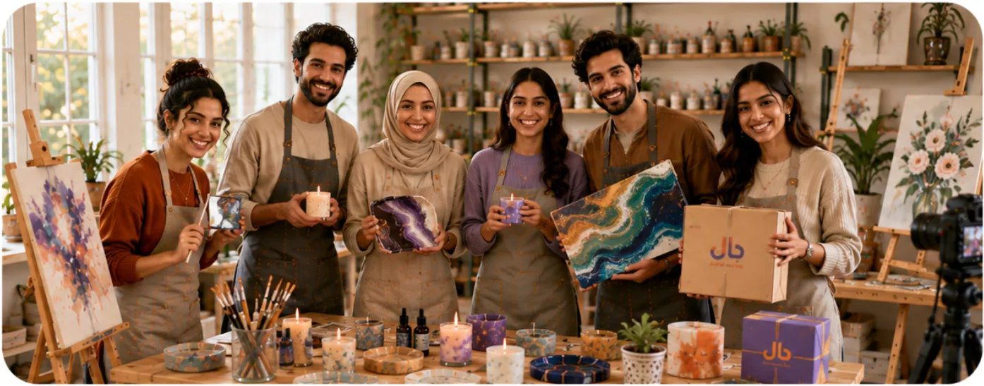 مبدعون يحتفلون معاً بمنتجات يدوية في استوديو مشرق