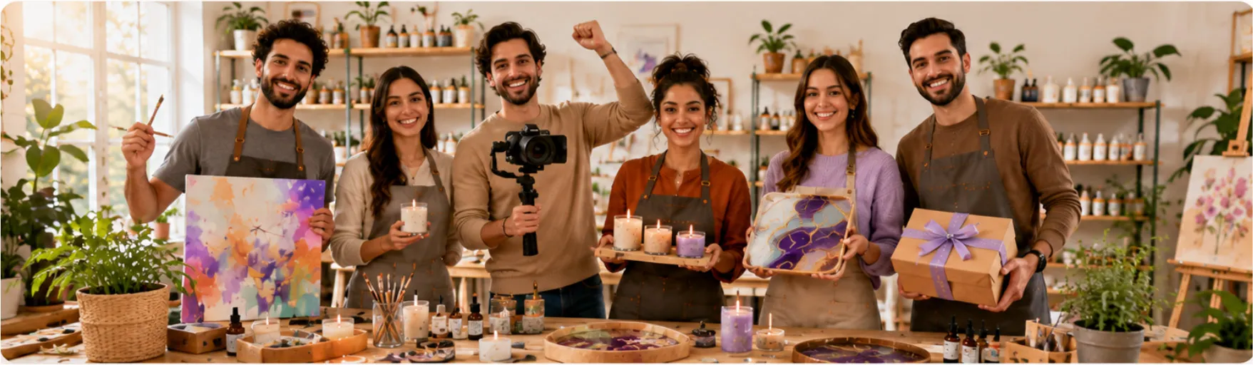Creators celebrating together with handmade products in a bright DIY studio