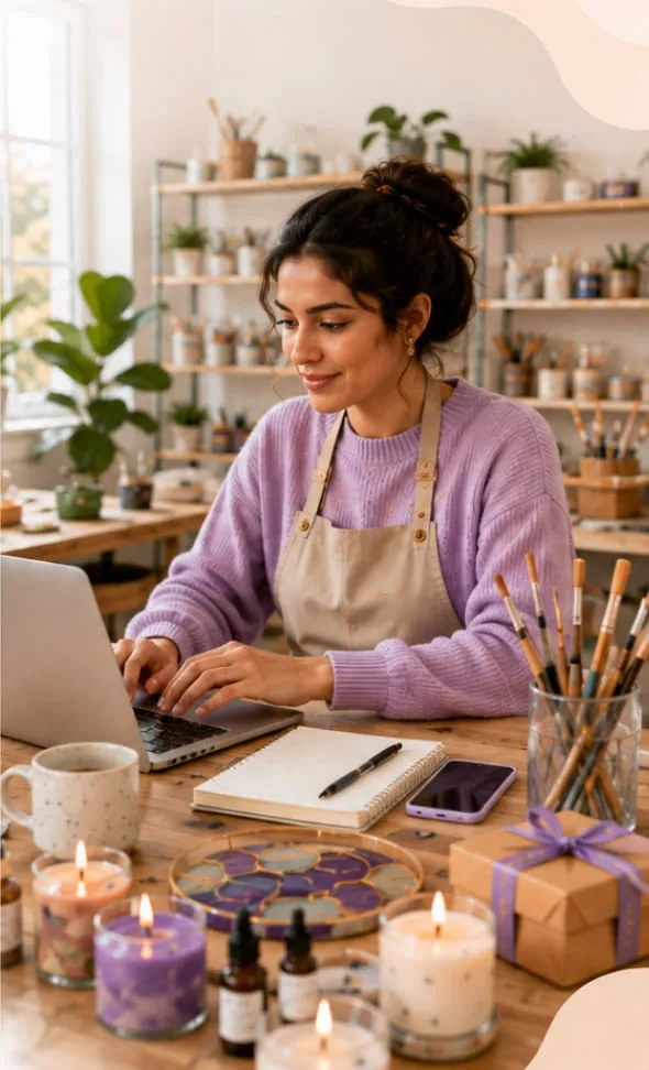 Creator working on a laptop in a bright DIY studio