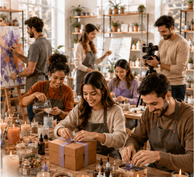 Partners packing gifts and crafting together in a bright DIY studio