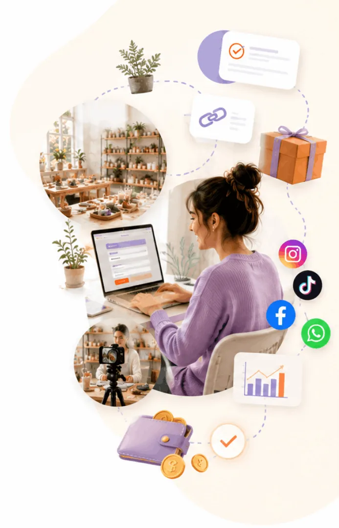Partner working on a laptop surrounded by tools, rewards, and social channels