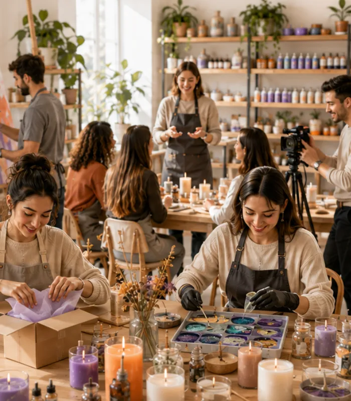 Makers packing gifts and crafting candles in a bright DIY studio