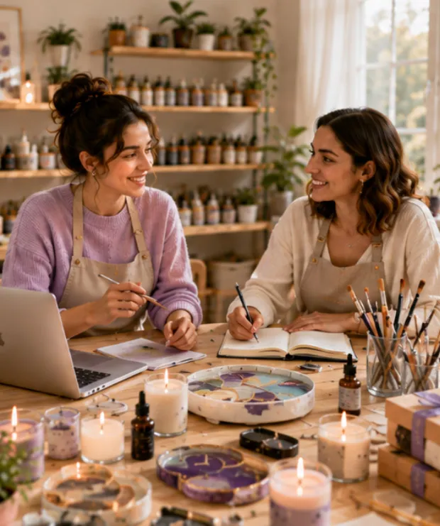 Two creators smiling together while crafting in a bright DIY studio