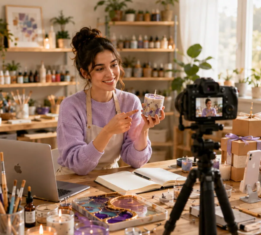 Creator filming a handmade candle tutorial in a bright DIY studio